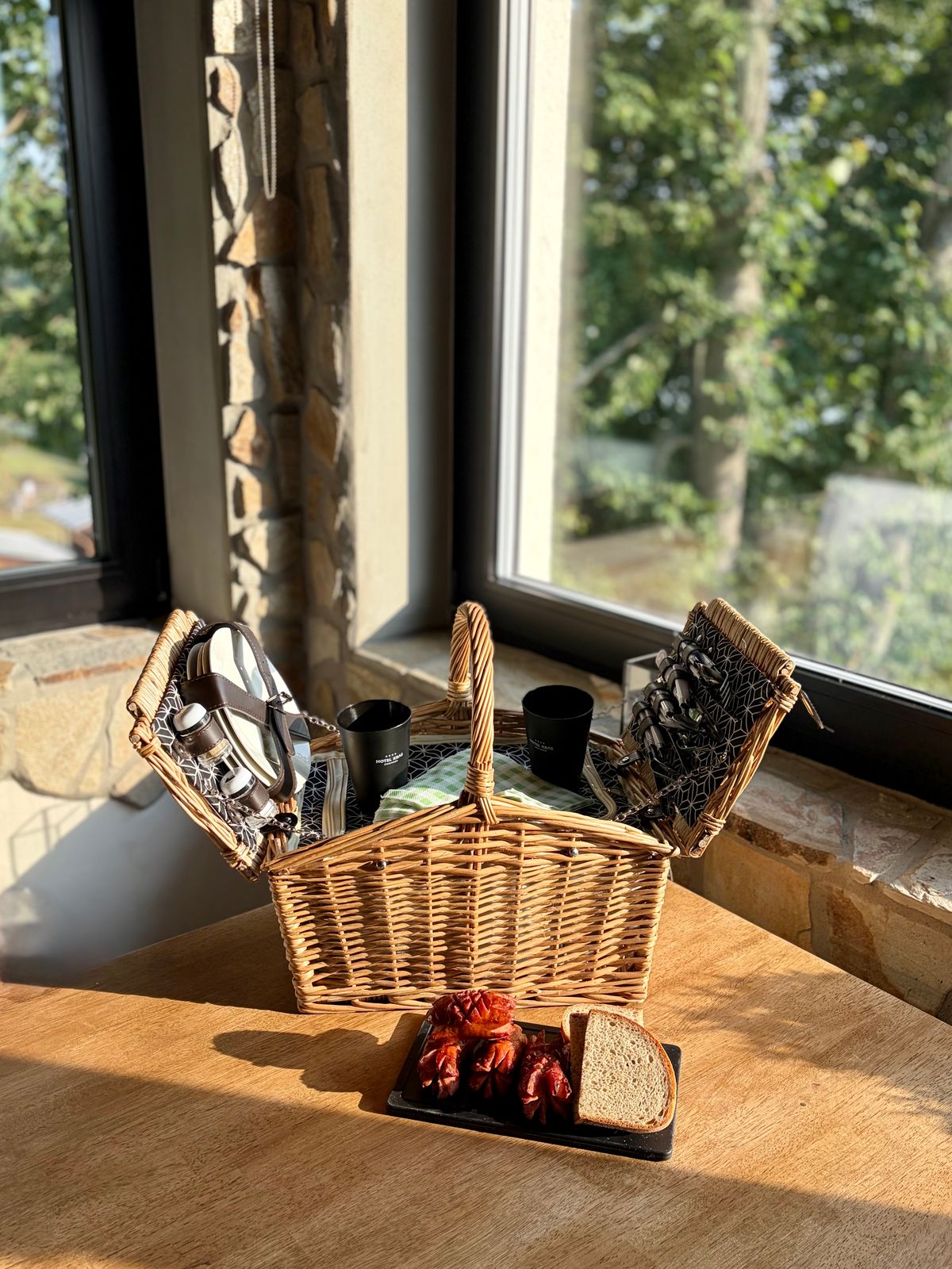 Cutlery and tableware in a picnic basket