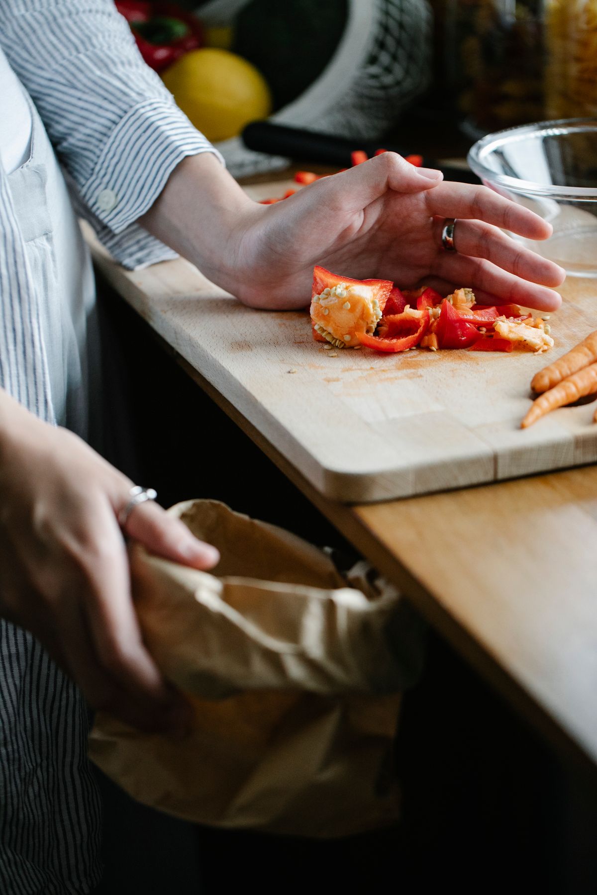 Vegetable scraps on a chopping board