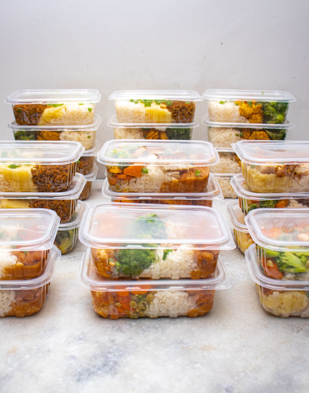 Prepared meals with rice and vegetables