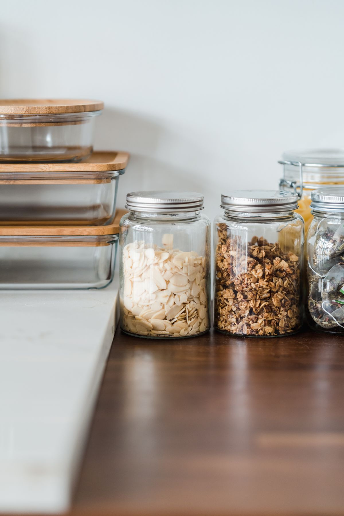 Pantry jars on a kitchen counter