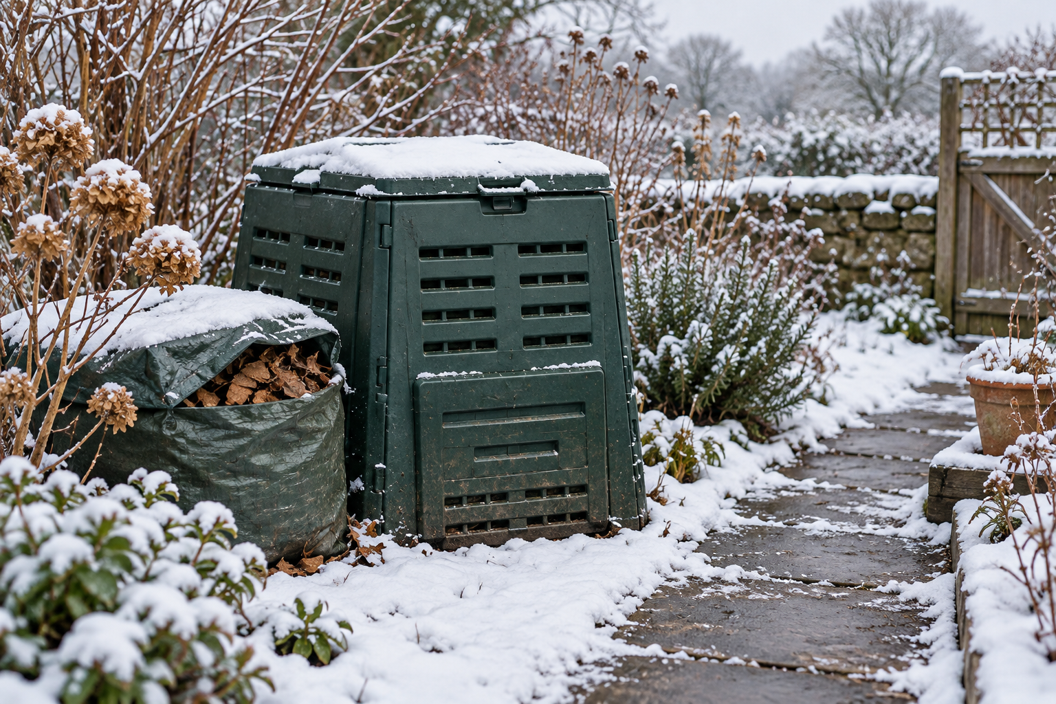 AI illustration of a closed compost bin in a snowy garden